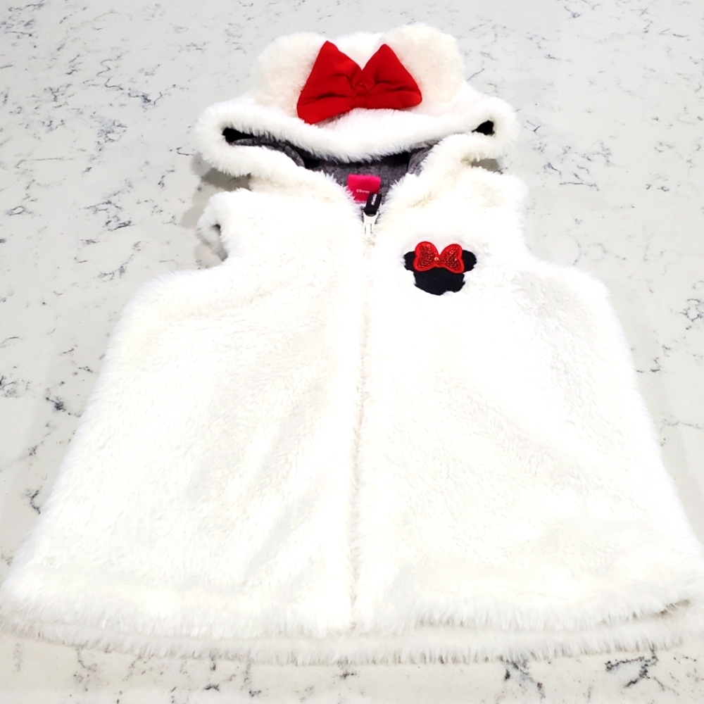 Disney Junior Minnie White Faux Fur Vest with Hood Minnie Ears and Emblem